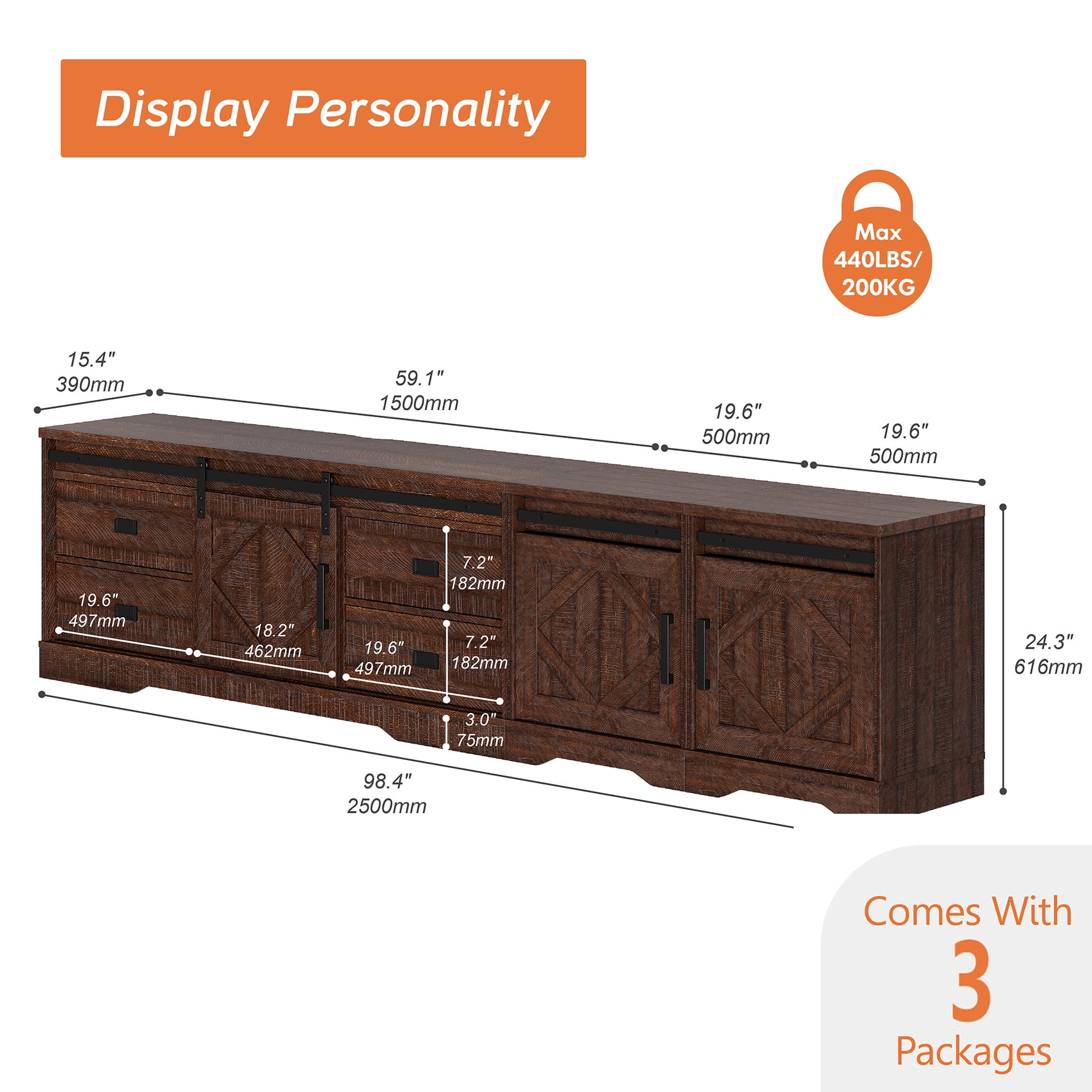 WAMPAT Farmhouse Entertainment Center for 110" TVs, 3-in-1 Wooden TV Stand with Barn Door, Adjustable Shelves and Storage Drawers,Media Console Table for Living Room,Rustic Brown