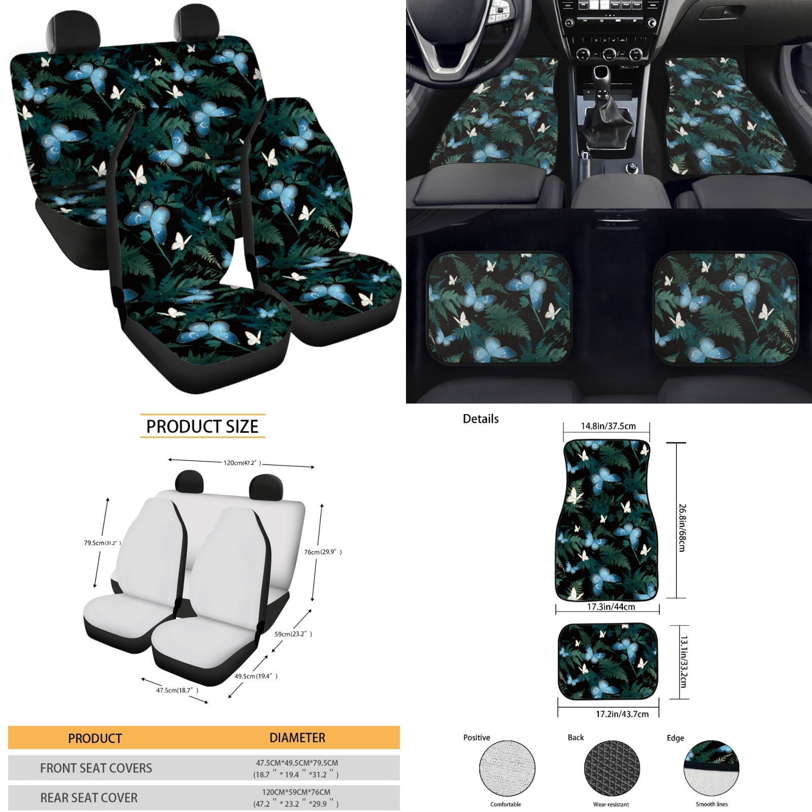 Yuyamidu Blue Butterfly Car Seat Cover Full Set Green Leaves Car Floor Mats Steering Wheel Cover Seatbelt Pad Gear Shift Knob Cover Cup Coaster Auto Interior Accessories Set of 15