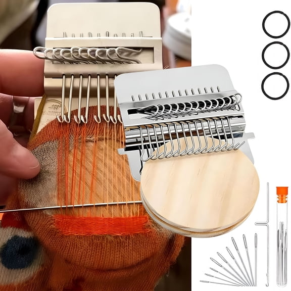 TUWAFE Mini Loom for Beginners Portable Patch Darning Kit 14 Hooks Weaving Tool for Sewing Repair