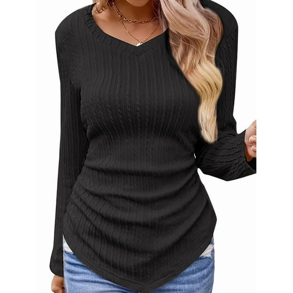 Womens Long Sleeve Shirts V Neck Ribbed Knit Slim Fit Light-Weight Sweater Fall Dressy Casual Tops Black S