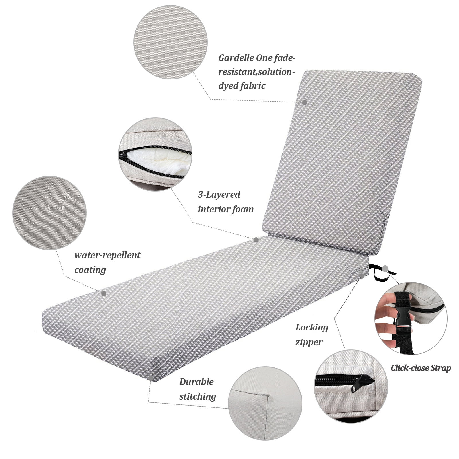 2-Pack Patio Chaise Lounge Cushion Water-Resistant Heavy Duty 3" Thickness high-density foam with Washable Cover
