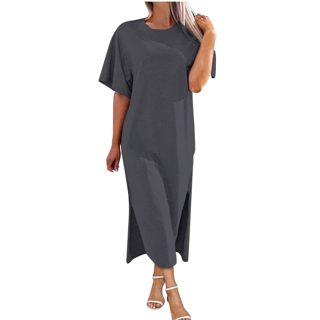 Staron Robe d'Été pour Femmes à Manches Courtes, Couleur Unie, Fluide, Ligne A, Robes Élégantes, Tenues d'Été, Col Rond, Robe Midi Fendue, Gris Foncé, S