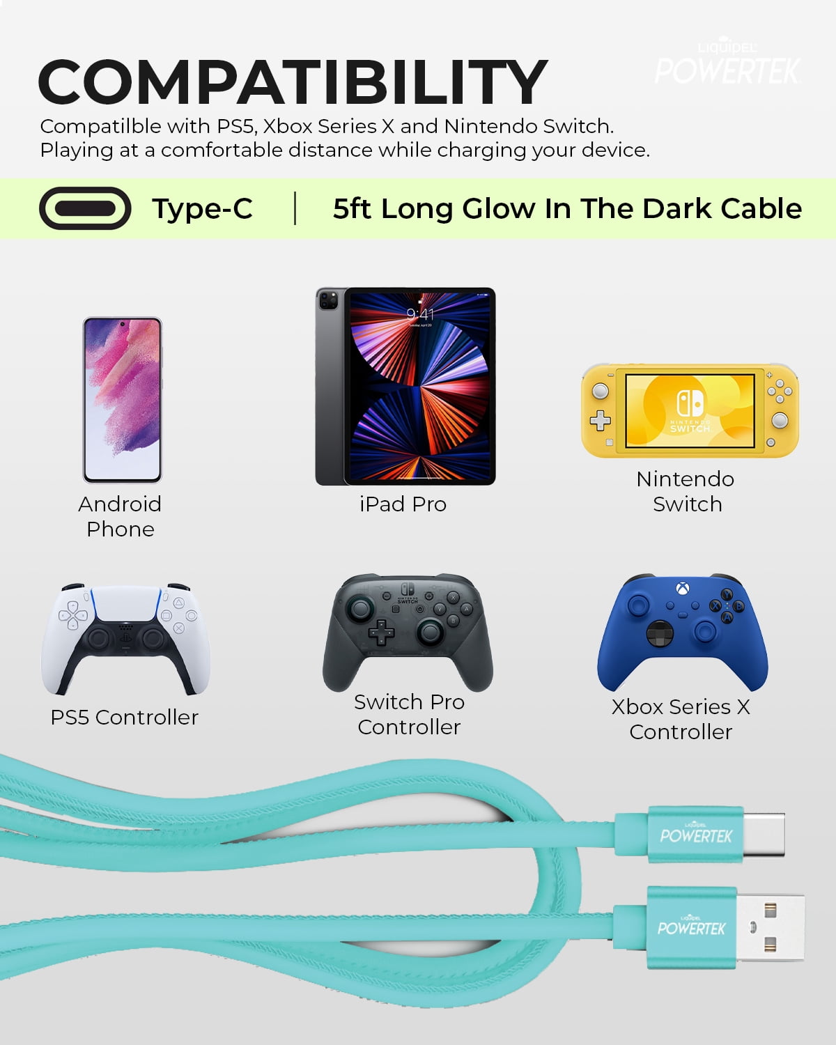 Liquipel TYPEC GLOW 5' Type A to Type C Cable, Blue