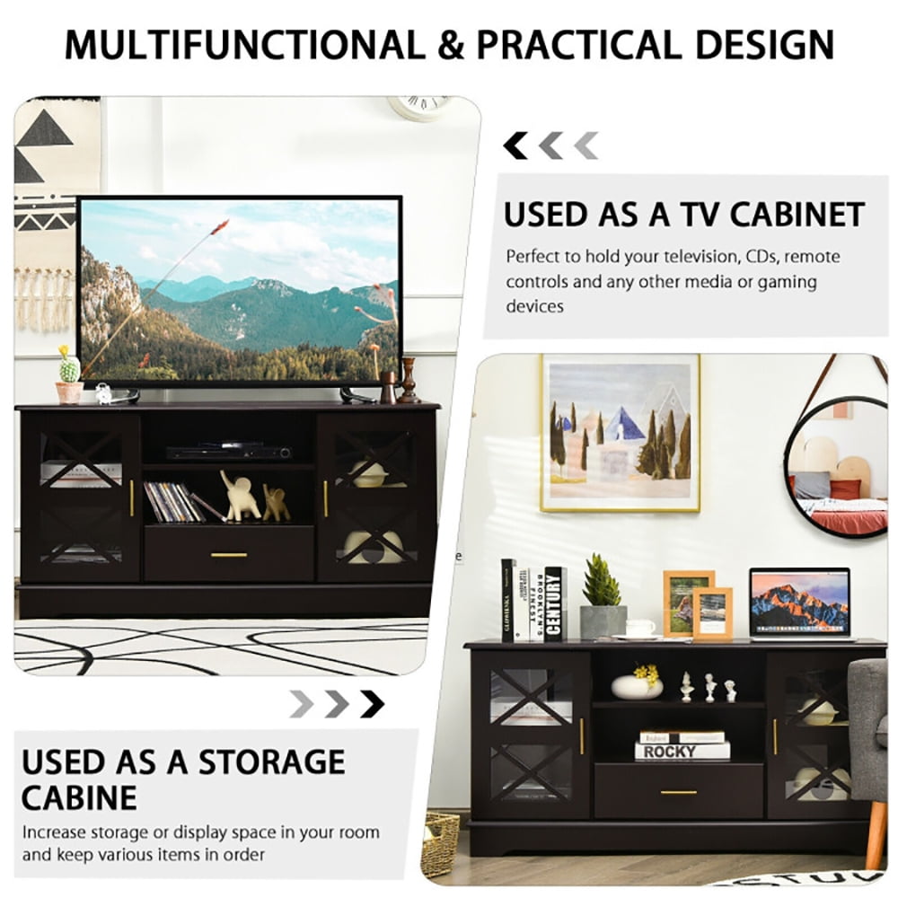 Finihen TV Stand, TV Cabinet, Wood TV Stand with 2 Glass Door Cabinets and 2-Tier Adjustable Shelves, Media Entertainment Center with Storage, for Living Room, Bedroom, Brown