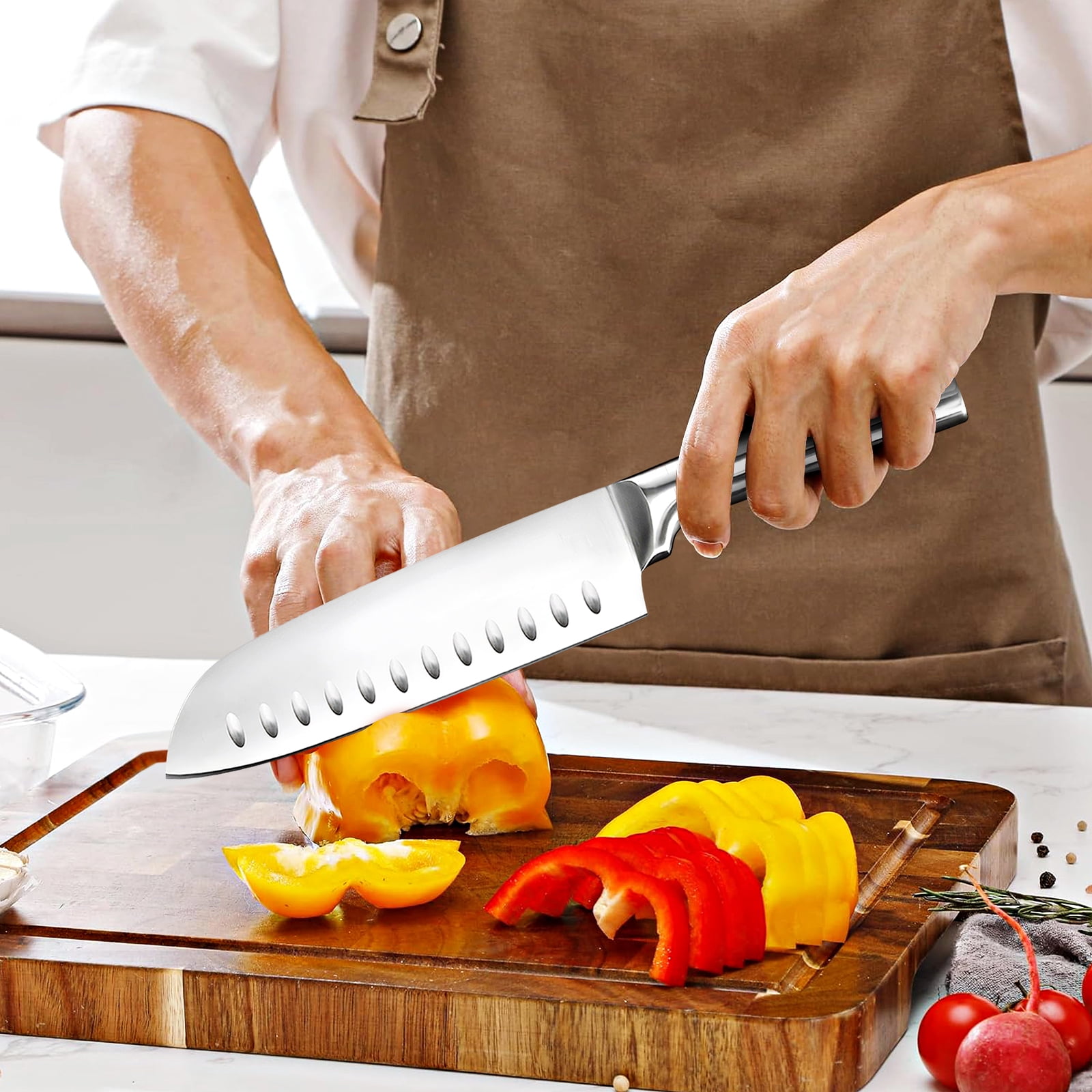 Badiano 5 Pcs Home Kitchen Sharp Knife Set,8" Chef,8" Bread,7" Santoku,5" Utility,3.5" Paring,Silver