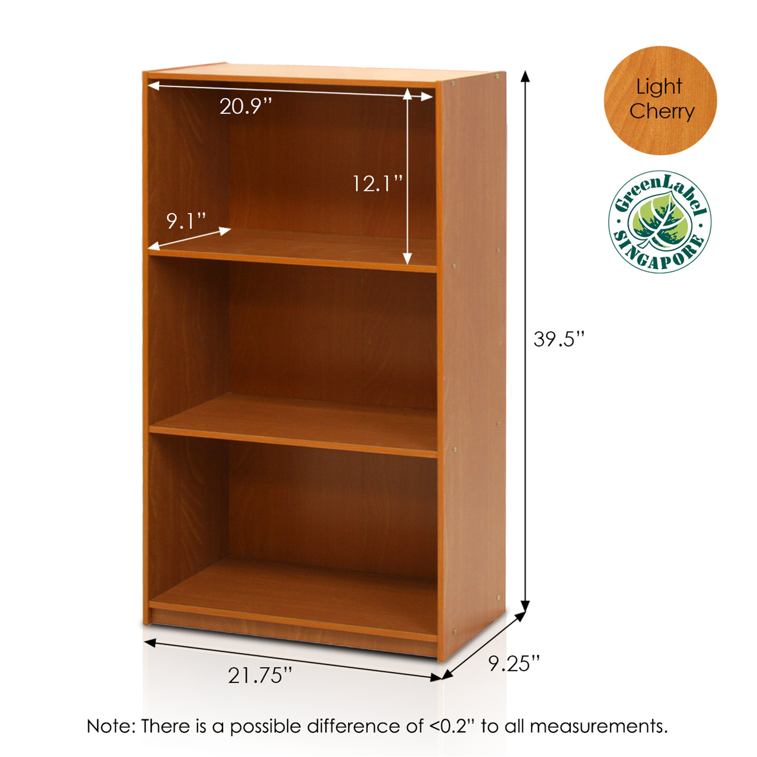 Furinno BASIC Engineered Wood 3-Tier Bookcase Storage Shelves in Light Cherry