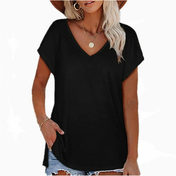 WNEGSTG T Shirts for Women 2024 Fashion Solid Color Slit V Neck Short Sleeved Ladies T Shirt