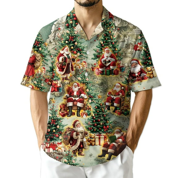 Netecom Vintage Santa Claus Christmas Hawaiian Shirt for Men Women, Map Button Down Summer Beach Short Sleeve Shirts, S-5XL