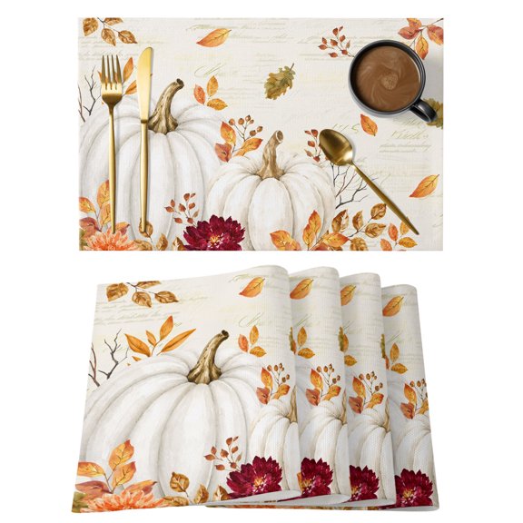 Thanksgiving Placemats Set of 2, Fall Country Harvest Orange White Pumpkin Flowers Leaf Non-Slip Place Mats Washable Table Mats for Kitchen Dining Table Decorations Indoor/Outdoor