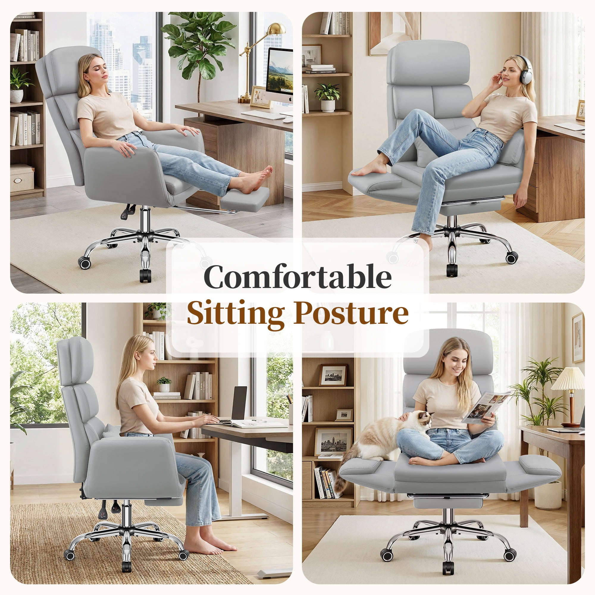 COOLHUT Big and Tall Office Chair 500LBS, Wide Seat Executive Office Desk Chair with Adjuatable Armrests and Headrest, PU Leather Hight Back Computer Chair with Footrest and Lumbar Suppor, Light Gray