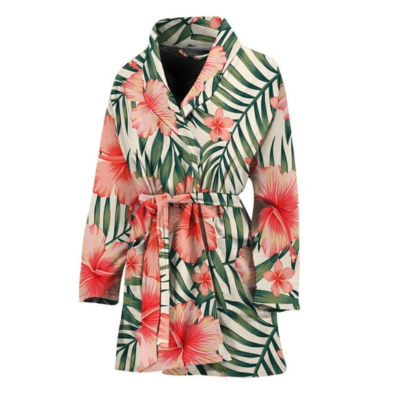Exotic Tropical Hibiscus Pattern Women Bathrobe One Size Univeral Fits, Aloha Tropical Hawaiian Fashion Lightweight Plush Fleece Long Robe For Women