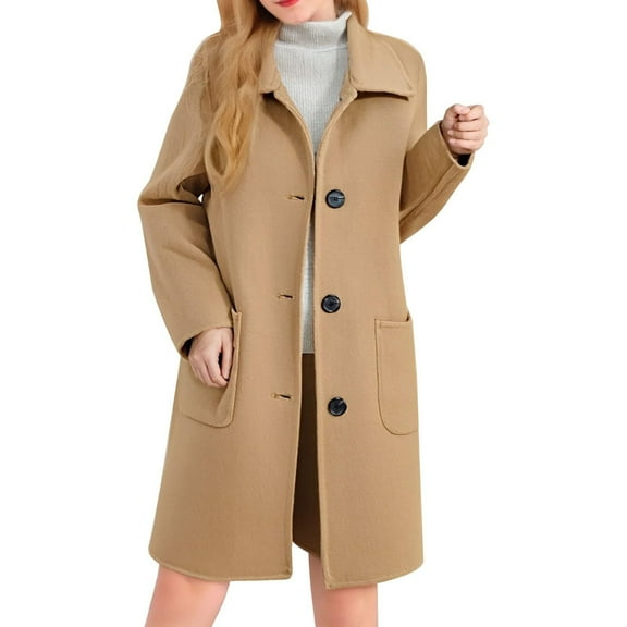 hoksml Women's Plus Long Wool Blend Coat Solid Color Turn-down Collar Long Sleeve Buttoned Winter Overcoat with Pockets Sizes M-4XL