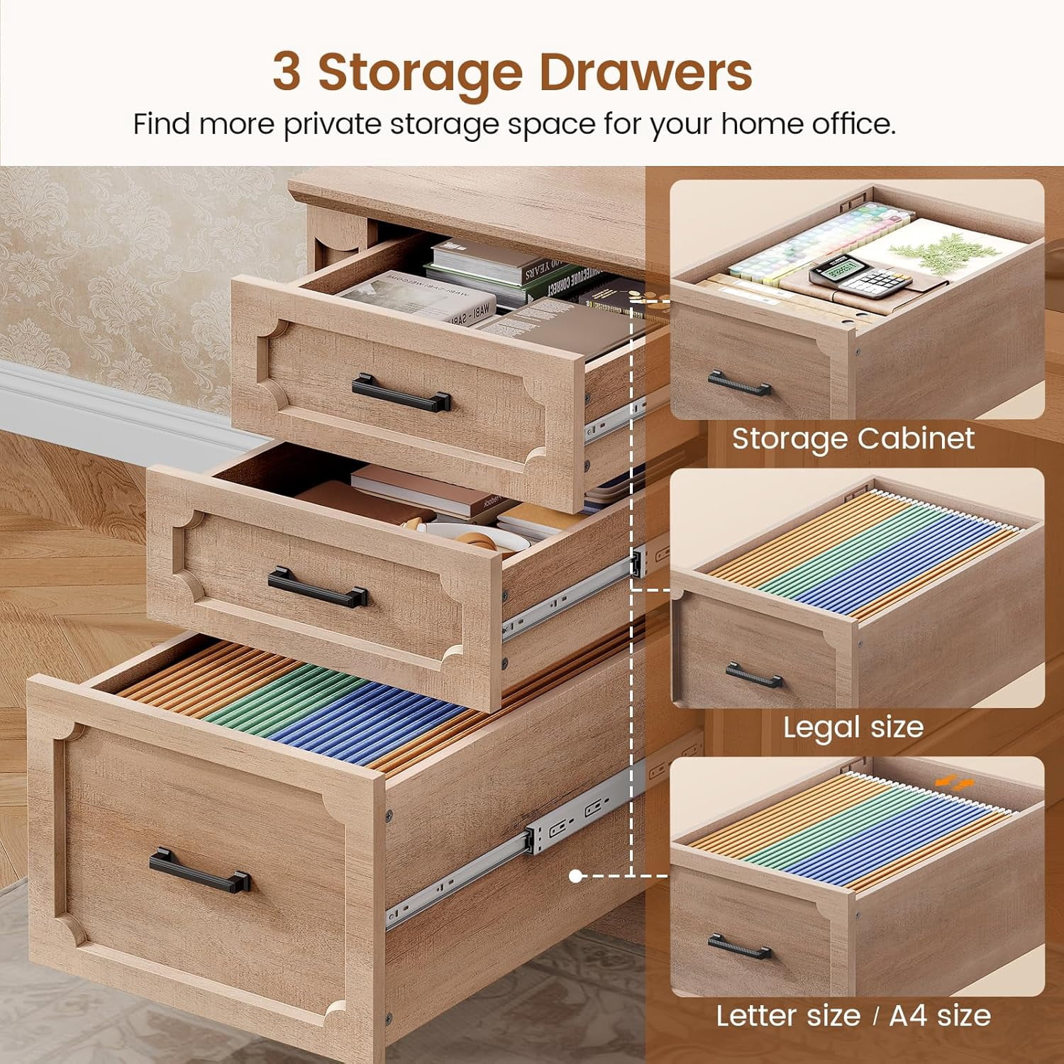SEDETA Farmhouse L Shaped Desk with Storage, 70.9" Home Office Desk with Storage Cabinet and Storage Shelves, L Shaped Computer Desk with Power Outlet for Bedroom, Office, Oak