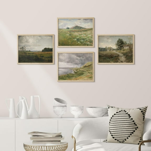 PixonSign Framed Wall Art Classic Rural Countryside Flower Landscapes Prints, Set of 4 Nature Wilderness Paintings, Minimalism Wall Décor, Adhesive Canvas Poster for Home Decor - 11"x14" Natural