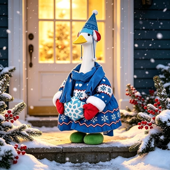 Fmbmuo 23 Inch Winter Christmas Blue Snowflake Porch Goose Outfit Set for Yard Holiday Decor