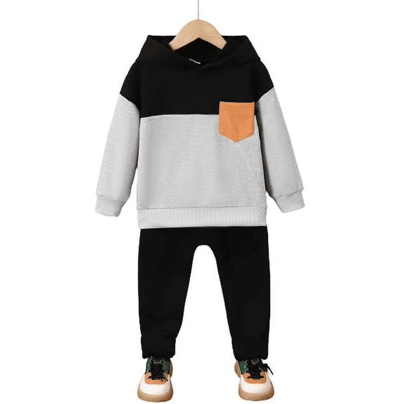 Mikrdoo Baby Boys Fall Winter Pants Sets Color Block Pocket Casual Pullover Hoodies Tops Elastic Pants 2Pcs Outfits 3-4 Years