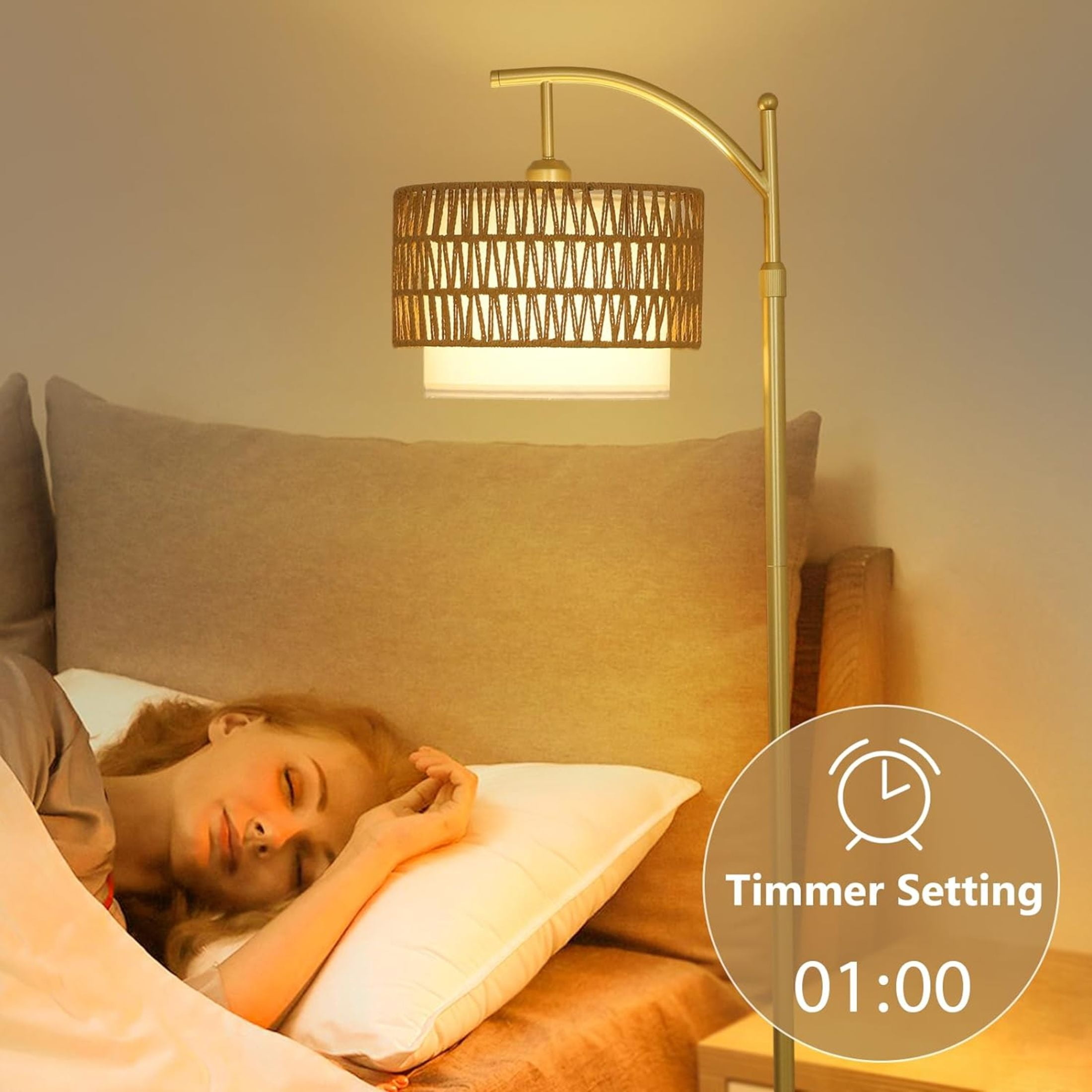 Noble House Modern Rattan Floor Lamp, Remote Dimmable, Adjustable Tall & Color Temperatures, Straight Drum Shade, Gold