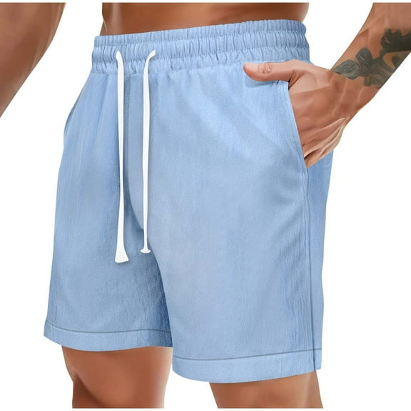 5" Mens Cotton Linen Shorts Elastic Waist Drawstring Pockets Breathable Lightweight Short Pants Fathers Gift