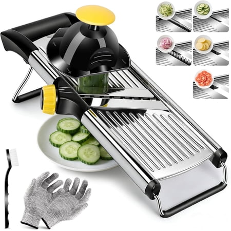 Mandoline Slicer for Kitchen Adjustable Mandoline Food Slicer | Sharp Stainless Steel Blade Chopper Vegetable Cutter for Potato Onion Fruit INCLUDING Food Holder Gloves Cleaning Brush