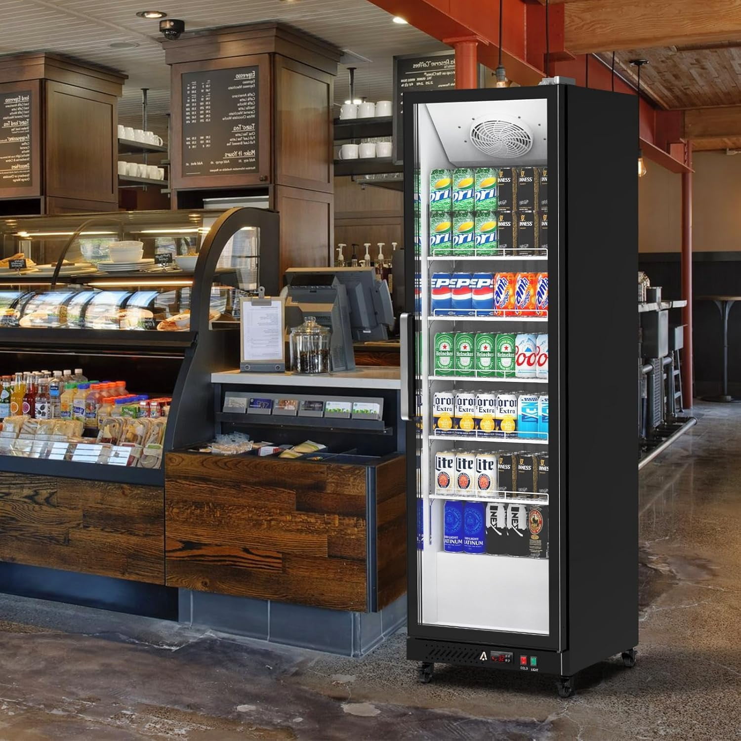 Homhougo Commercial Refrigerator, 12.4 Cu Ft Display Refrigerator Commercial, Upright Beverage Cooler With Reinforced Glass Door Fridge, Adjustable Shelves, Drink Organizers, Soft Led Light, Black