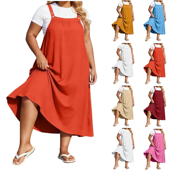 Tqcoqu Overall Dress for Women Loose Pleated Button Straps Maxi Dress Square Neck Barrel Casual Dresses,Khaki,Women's XL-XXXXXL