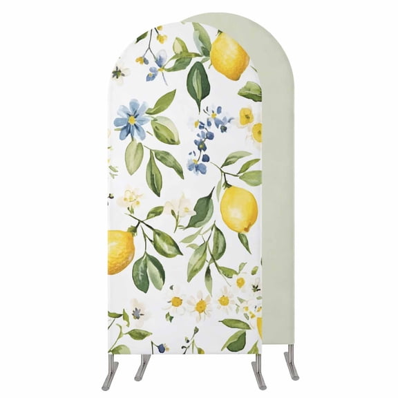 Summer Lemon Wedding Arch Cover, Stretchy Spandex Arch Backdrop Stand Covers 7.2 FT, Yellow Botanical Spring Floral Blue Round Top Arched Backdrop Cover for Birthday Party Ceremony Baby Shower Event