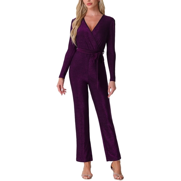 INSPIRE CHIC Sequin Jumpsuits for Women Deep Long Sleeve V Neck Belt Party Clubwear Sparkly Jumpsuit Dark Purple L