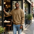 thumbnail image 6 of Hearthz Crew Neck Sweatshirts Men Solid Color Oversized Fleece Pullover Men Fall Winter Drop Shoulder Mens Long Sleeve Shirt Light Brown M, 6 of 10