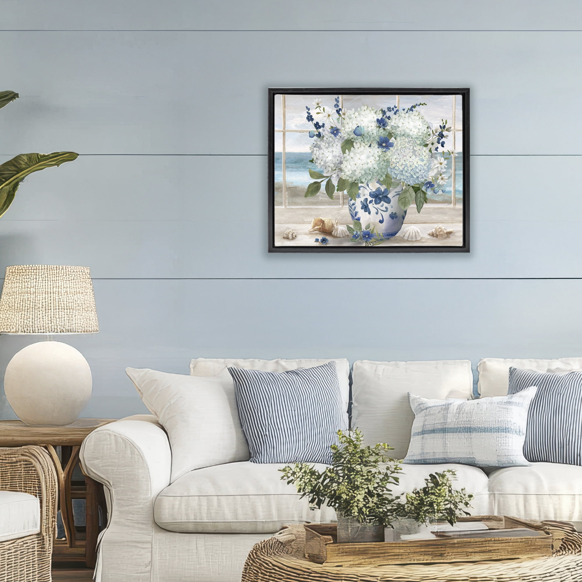 Stupell Industries Seaside Hydrangea Bouquet in Window Black Framed Floater Canvas Wall Art, design by Nan