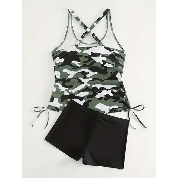 generic Womens 2 Piece Tankini Swimsuits Tummy Control Round Neck Tank Tops with Boyshorts Athletic Swimwear Green L