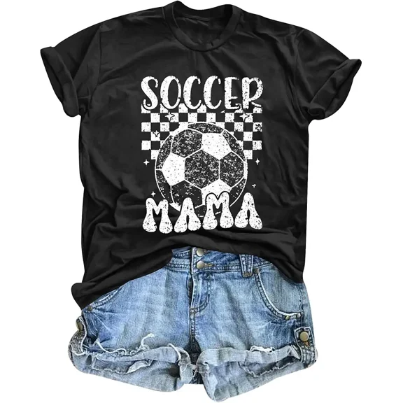 Retro Soccer Mama Graphic T-Shirt Women's Distressed Game Day Sports Tee Casual Short Sleeve Top