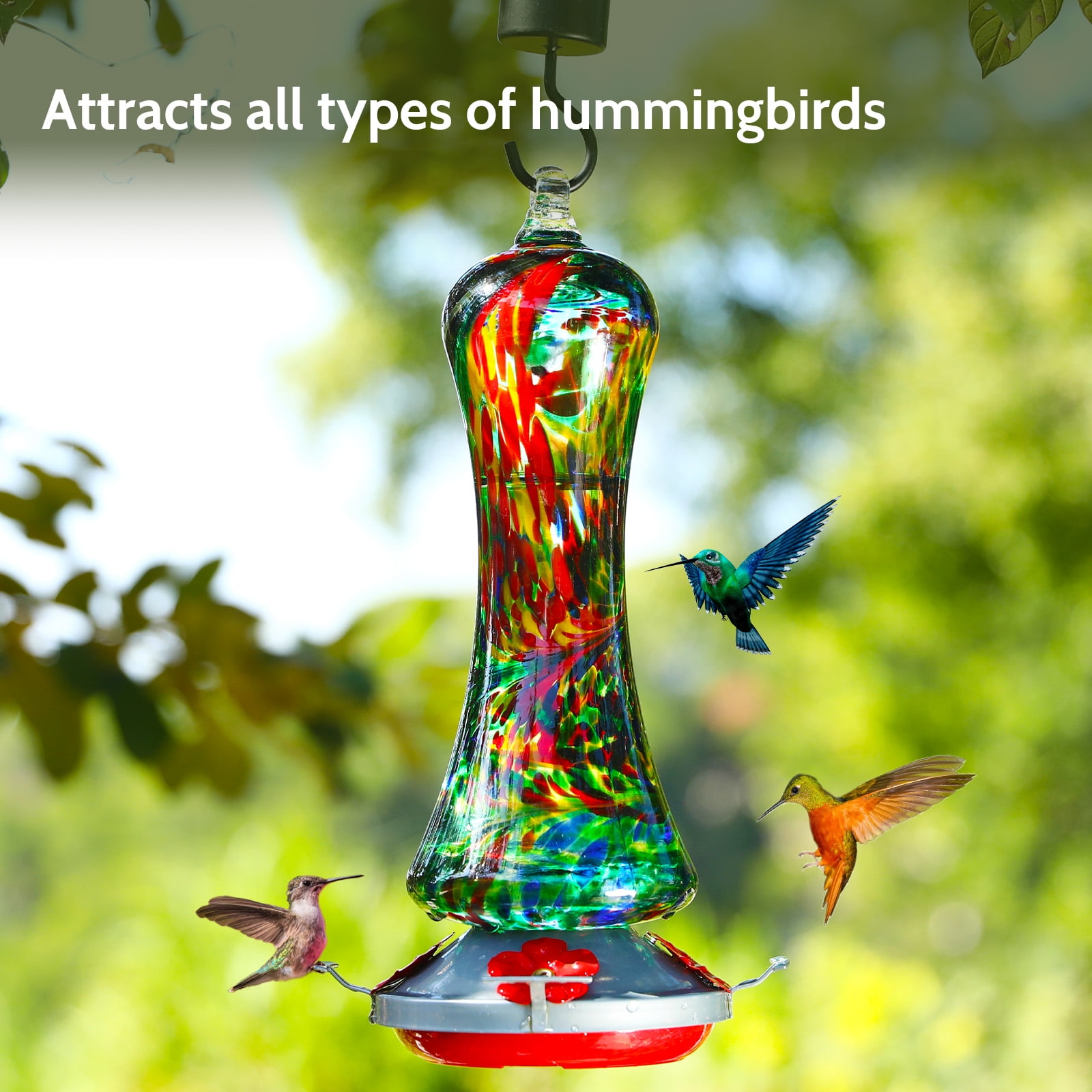 Birdkiss Hand-Blown Glass Hummingbird Feeder 16 oz for Garden Backyard Patio Decor with Ant Moat, Leak Proof & Rustproof, 5 Feeding Ports & 5 Perches