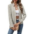 thumbnail image 3 of Women'S Plaid Blazer Jacket Warm Open Front Stand Collar Fully Lined Casual Fashion Work Coat Gray L, 3 of 9