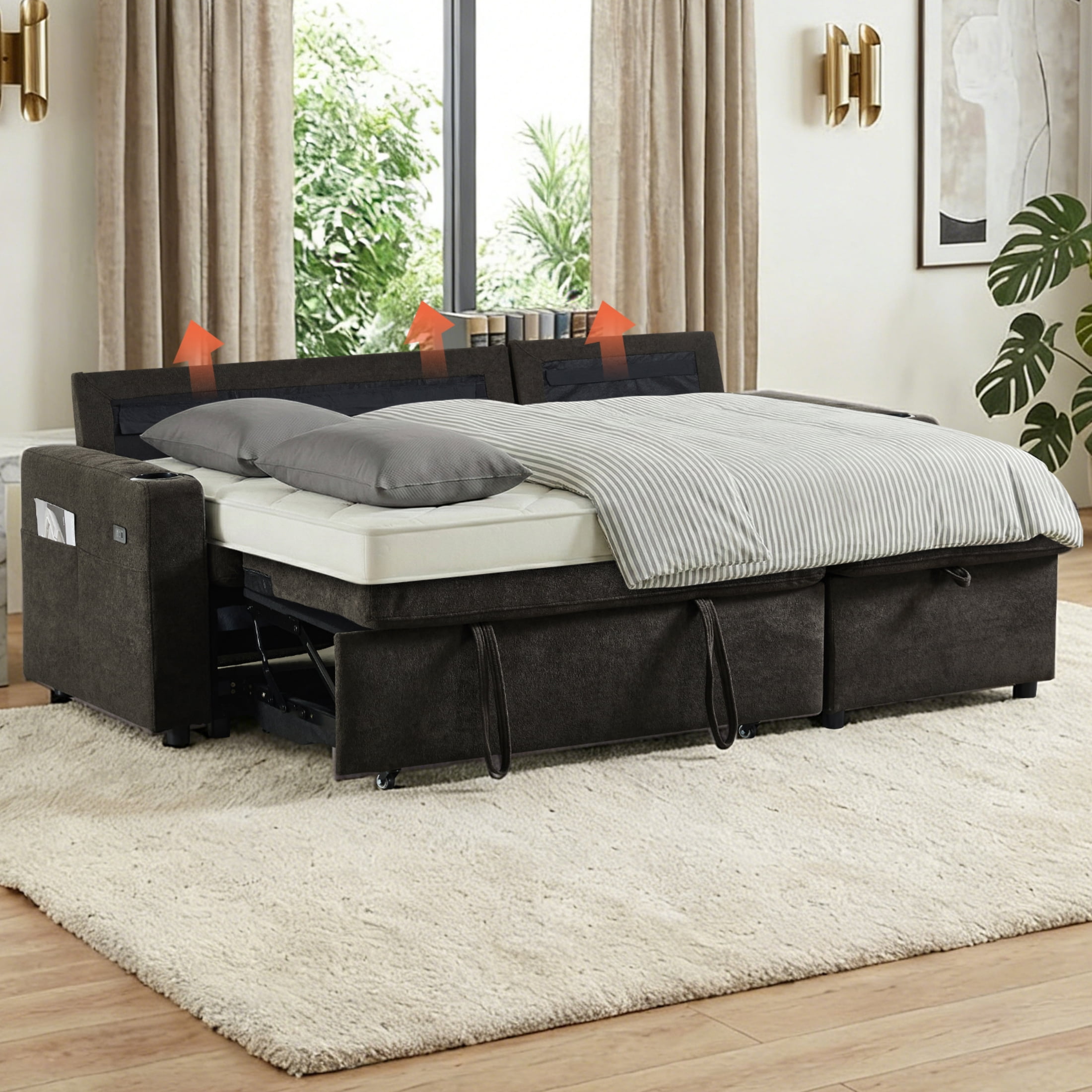 ShiKeyi 82" L Shaped Sleeper Sofa Bed, Sectional Sleeper Couch with Pull Out Bed, 3 Seat Convertible Sofa Bed with Storage Chaise, USB Charging Ports for Living Room, Dark Grey Terry Cloth