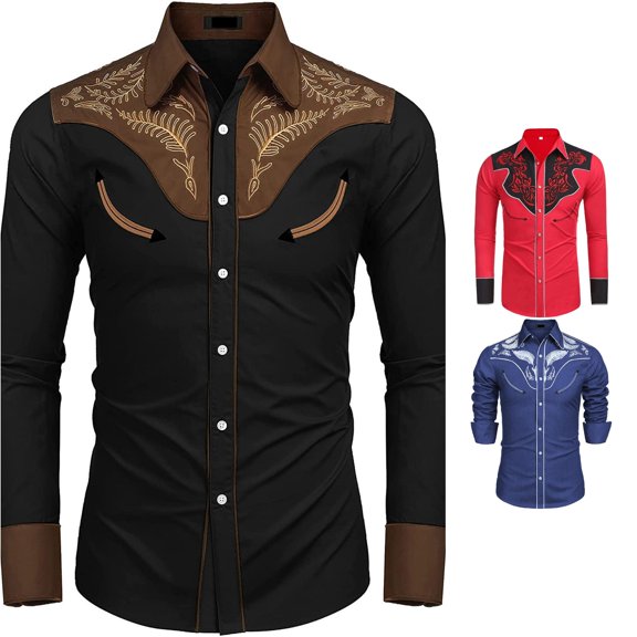 Gunia Western Cowboy Shirts For Men Loose Personality Long Sleeved Casual Button Down Shirt Tops Men'S T-Shirts Black L