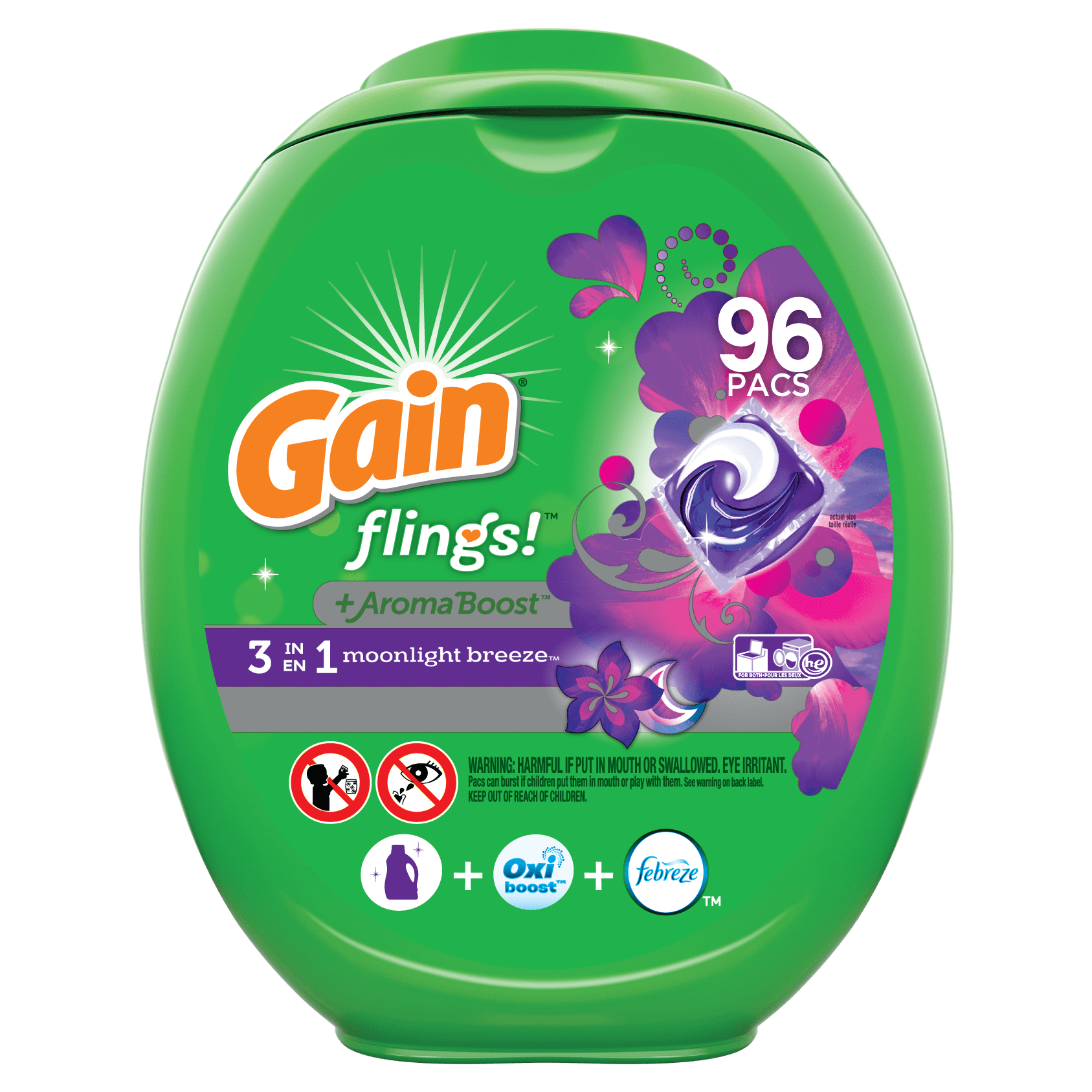Gain flings! Liquid Laundry Detergent Pacs, Moonlight Breeze, 96 count