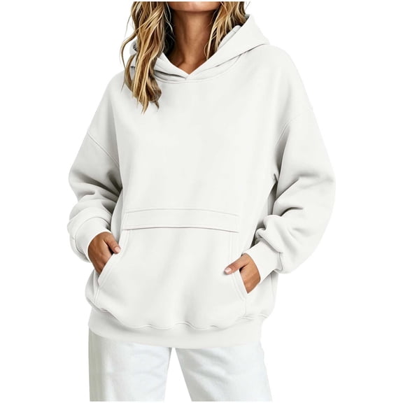 Hurxie Womens Oversized Hoodies Fleece Sweatshirts Long Sleeve Sweaters Pullover Fall Clothes with Pocket White,M