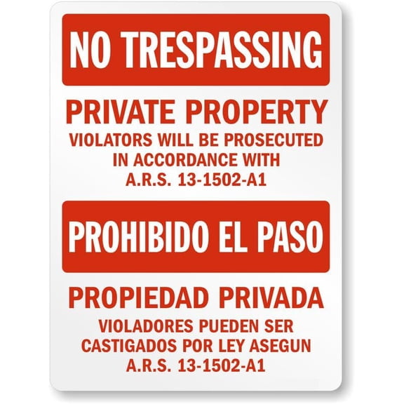 Arizona Bilingual Private Property No Trespassing Aluminum Weatherproof 8" x 12" Sign p00683