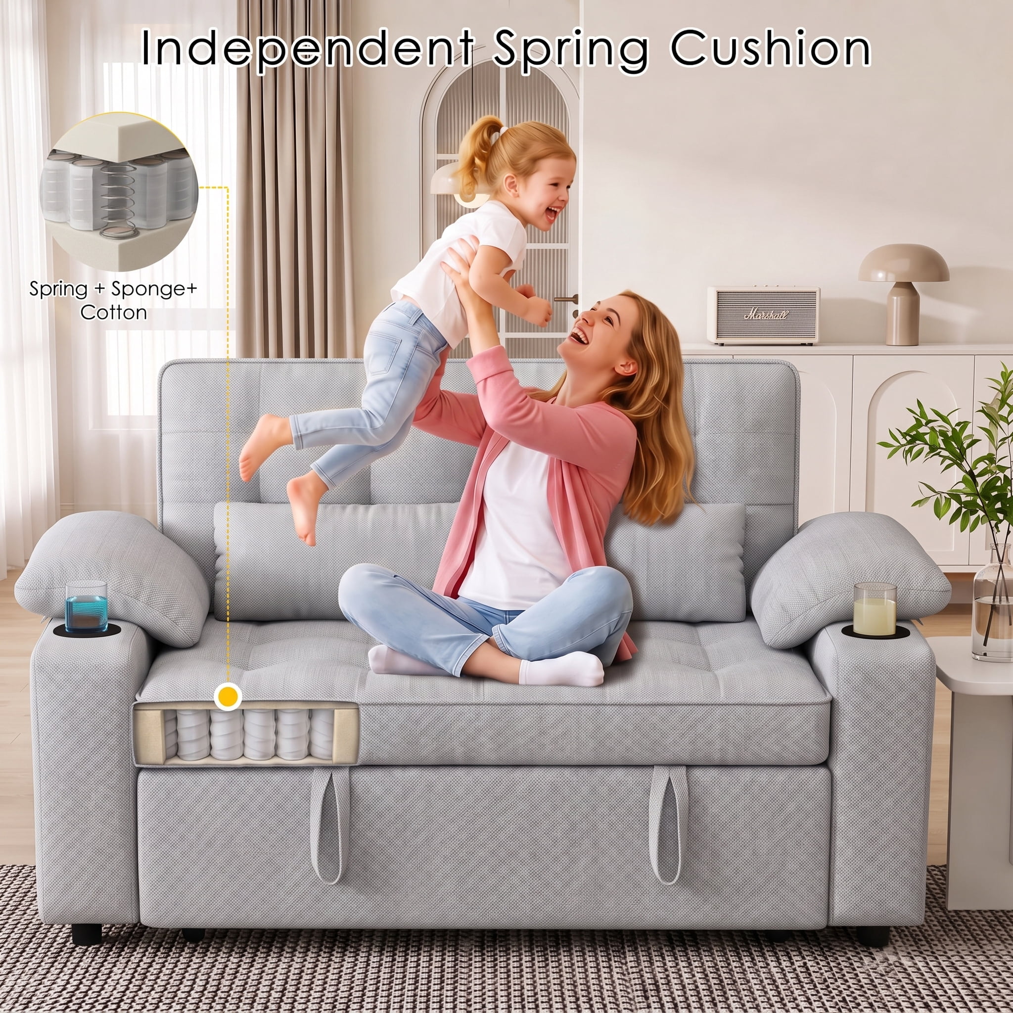 Xiweot 58" Convertible Sleeper Sofa Bed, Full Size Pull Out Couch with USB Charger, Cup Holders, Adjustable Backrest & Side Pocket, Teddy Fabric Loveseat for Living Room Small Space (Light Gray)