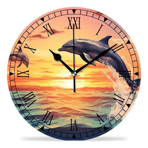 erolrail Rustic Wall Clock,Silent Non Ticking Wall Clocks for Living Room,Bedroom,Kitchen 12IN Dolphins Sunset Painting Creative Pattern