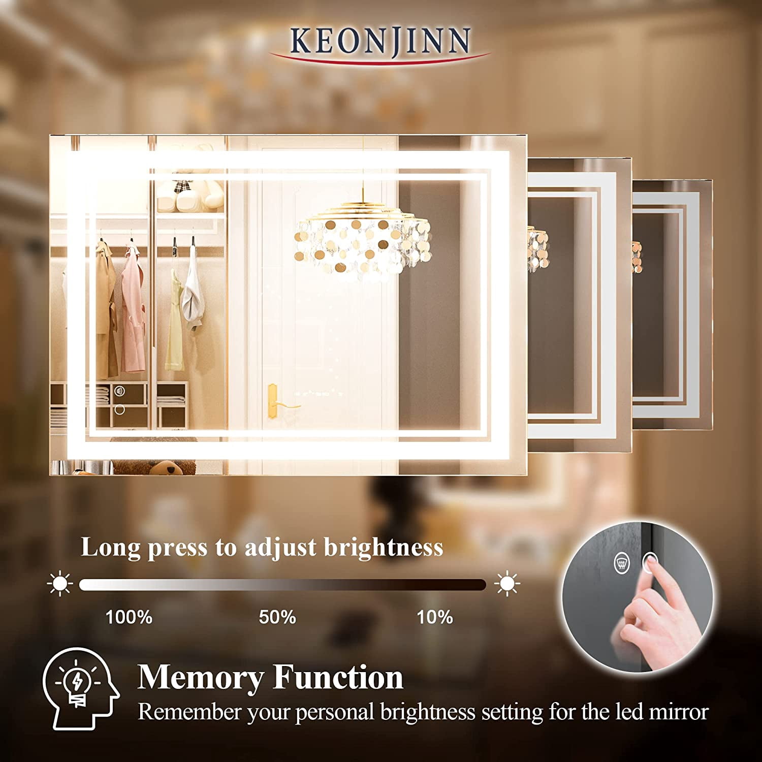 Keonjinn 24x32 Inch LED Bathroom Mirror With Anti-Fog - Frontlit & Backlit, 3 Color Temperatures, Black Metal Frame, Beveled Edge