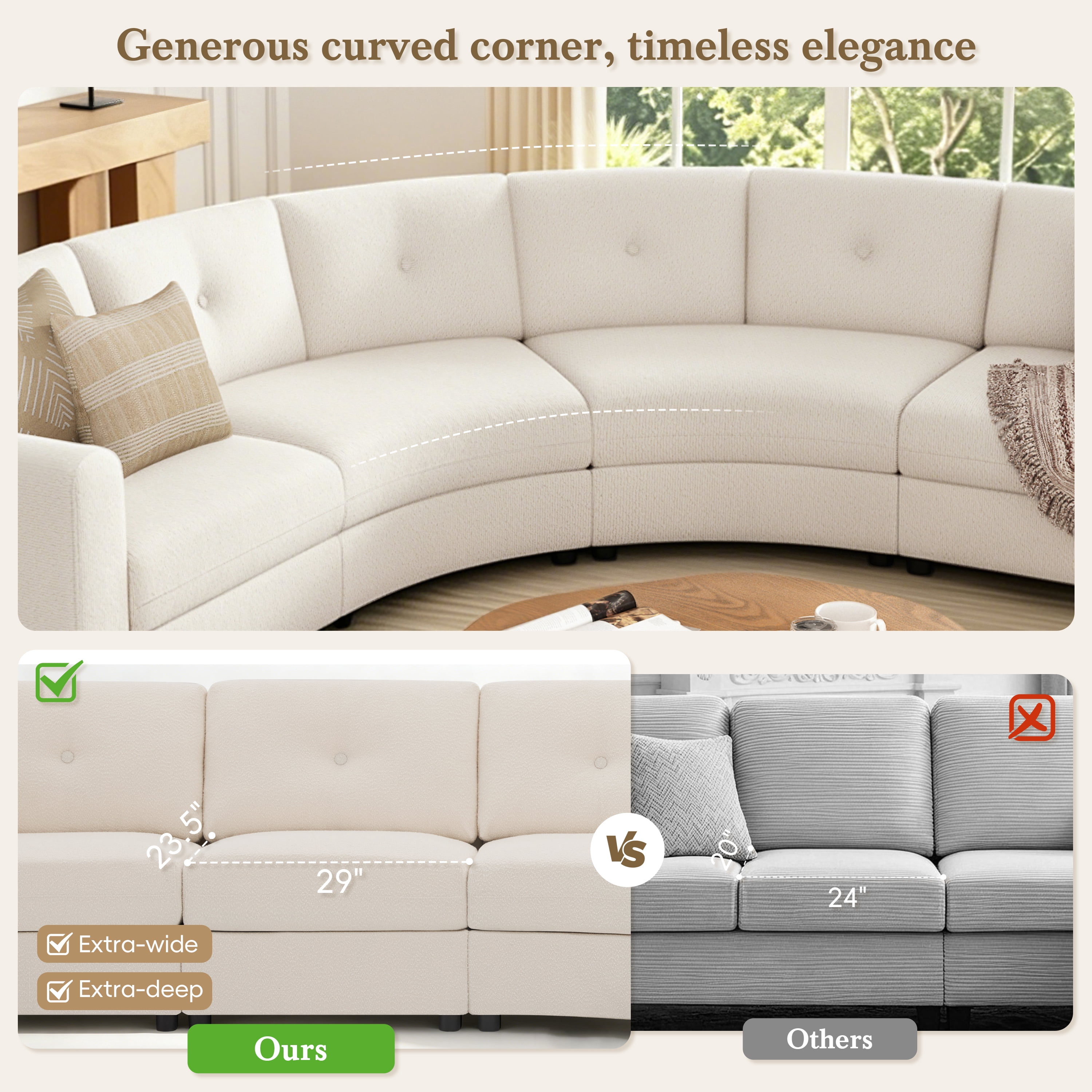 GARITIN 4 Piece Modular Curved Sectional Sofa 107 Inch, Upholstered Boucle Couch with Button Tufted Back for Living Room, Beige