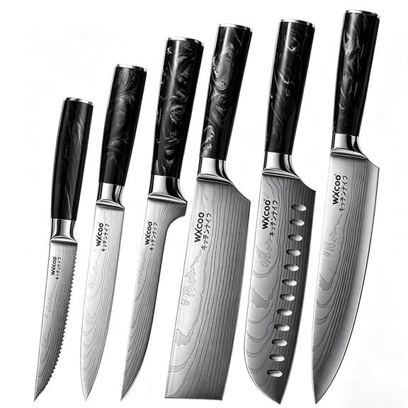 6-Piece Damascus Pattern Kitchen Knife Set with Black Resin Handles, 5Cr15MoV High Carbon Steel Chef Knives, Ultra Sharp Multi-purpose Cooking Knives for Home Cooking