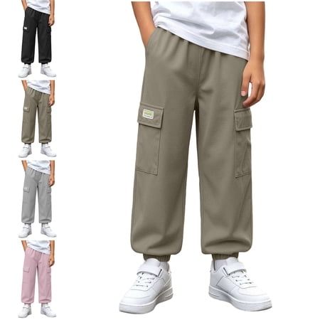 WAVSUF Boys Cargo Joggers Loose Fit Side Pockets Elastic Waist Fall Warm Trendy Pants Green 14-16