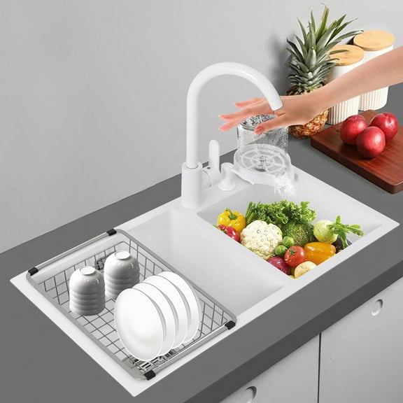 Kitchen Double Bowl Sink Stainless Steel Basin Sink W/ Soap Dispenser & Faucet