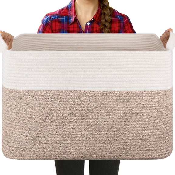 Extra Large Laundry Basket, 90L Blanket Basket for Living Room, Cotton Rope Storage Basket, Toy Basket for Kids, Woven Basket for Clothes, Towels, Pillows, 24" x 17" x 14", Brown and White