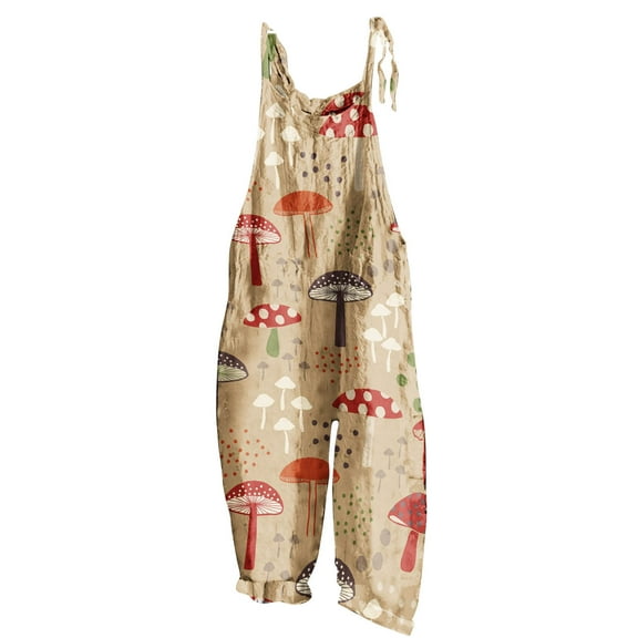 DJskiyers Women's Casual Overalls Sleeveless Summer Rompers Cute Mushroom Wide Leg Jumpsuit Adjustable Strap Trendy Jumpers Soft Loose Dungarees