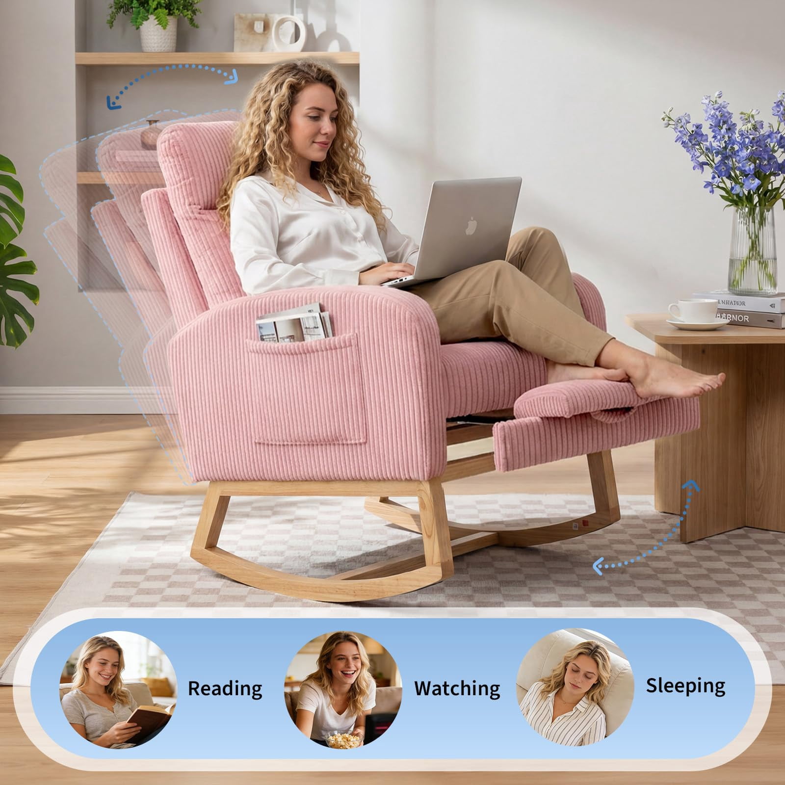 Kicctian Teddy Upholstered Rocking Chair with Extendable Footrest, Wooden Leg Rocking Armchair with Storage Side Pocket, Nursery Accent Seating for Living Room, Bedroom,Pink