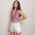 thumbnail image 3 of Women's Ribbed Halter Crop Tank Top with Deep V Neckline Seam Detailing - Mauve Pink, Small, 3 of 5