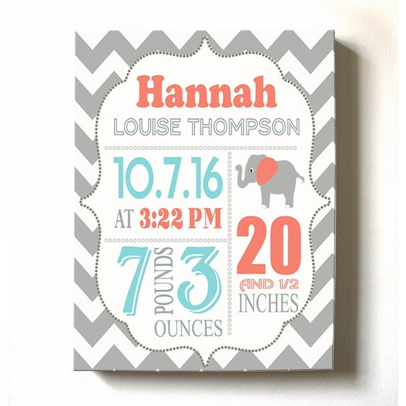 Personalized Canvas Birth Announcement Nursery Decor Gift, Elephant Design, Custom Name, Date, Weight & Length, Unique Boys & Girls Baby Shower Wall Art Presents, Color Gray # 1, Size - 24X30